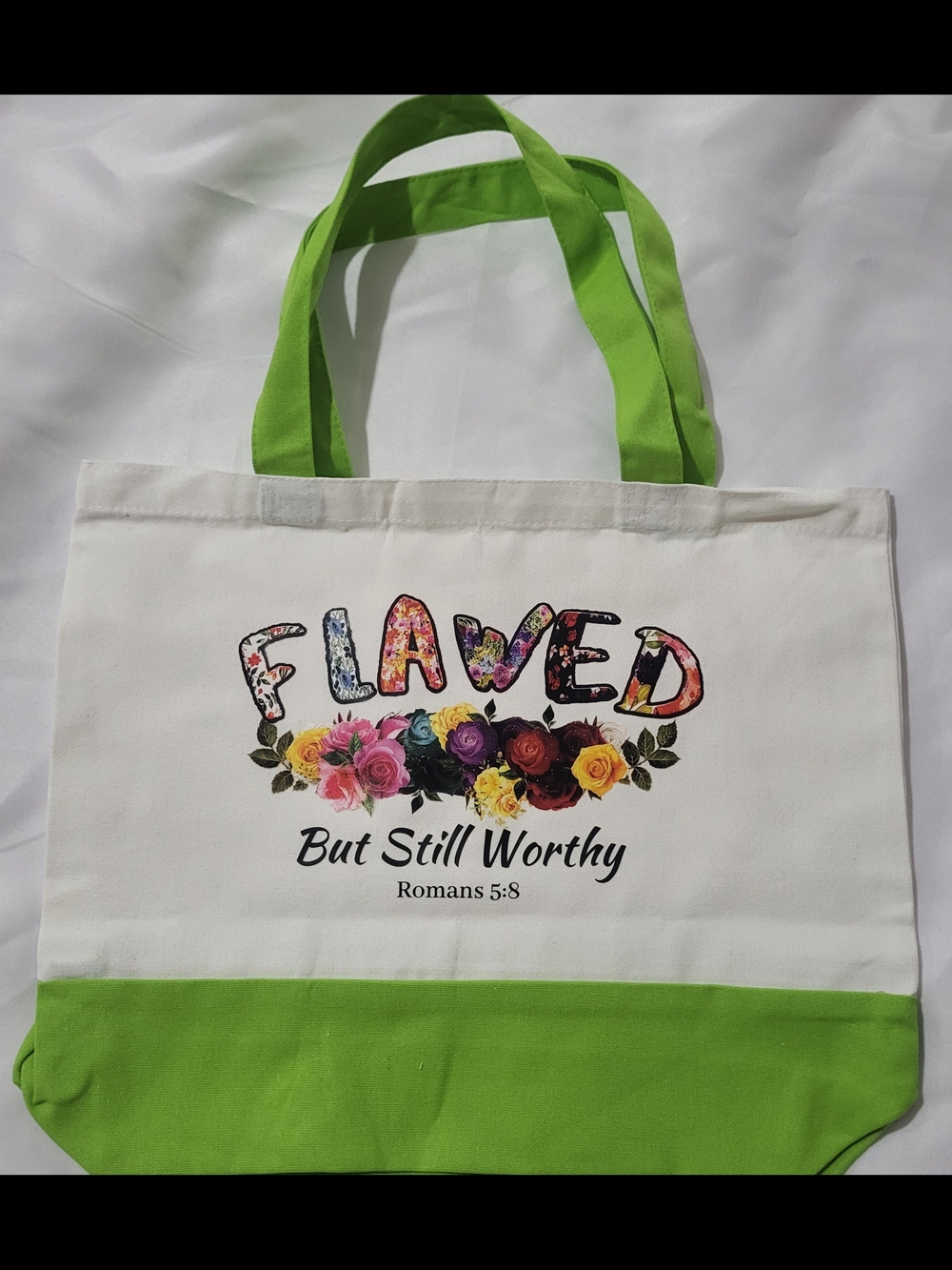 Flawed But Still Worthy Green And White Canvas Tote